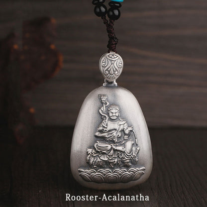 Buddha Stones 999 Sterling Silver Chinese Zodiac Natal Buddha Heart Sutra Engraved Protection Necklace Pendant