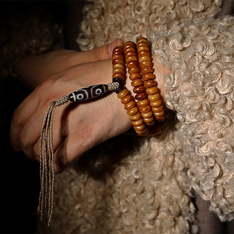 Pulsera tibetana de 108 cuentas Mala de hueso de yak con tres ojos de Dzi y piedras de Buda para alejar los malos espíritus.