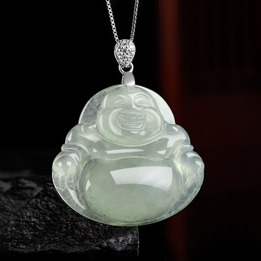 Buddha Stones Halskette mit Anhänger aus 925er Sterlingsilber mit natürlichem Jade-Anhänger „Lachender Buddha“ für Wohlstand und Fülle