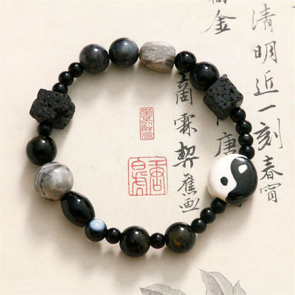 Pulsera de protección de la fortuna Yin Yang con cuentas de jaspe Picasso de ónix negro y piedras de Buda