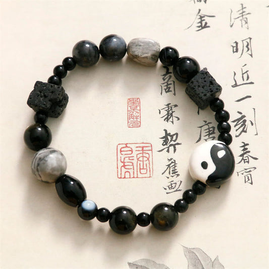 Buddha Stones Armband mit schwarzem Onyx und Picasso-Jaspis-Perle, Yin und Yang, Glücks- und Schutzsymbol