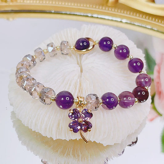 Pulsera con dijes curativos de trébol de cuatro hojas y cristal de amatista de Buda 
