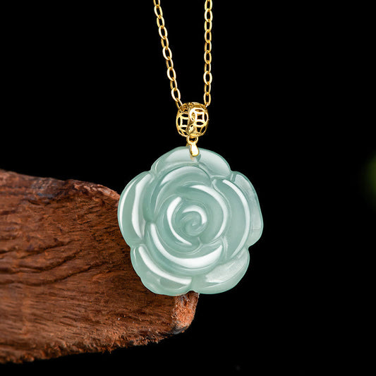 Collar con colgante de jade natural y rosa de la suerte en oro de 18 quilates y plata de ley 925 con piedras de Buda 