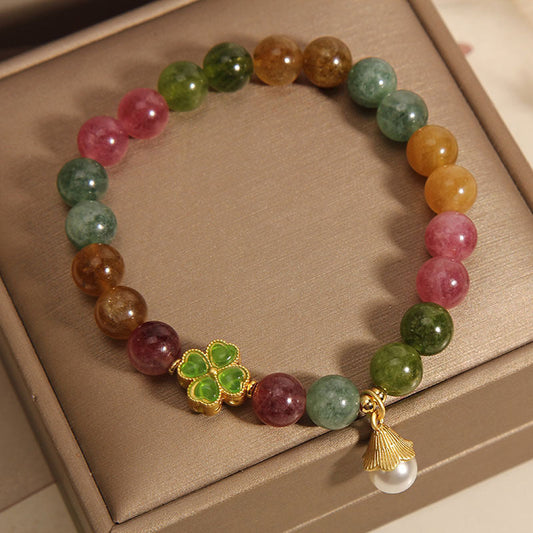 Pulsera de la sabiduría con flor de trébol de cuatro hojas y turmalina colorida de Buddha Stones
