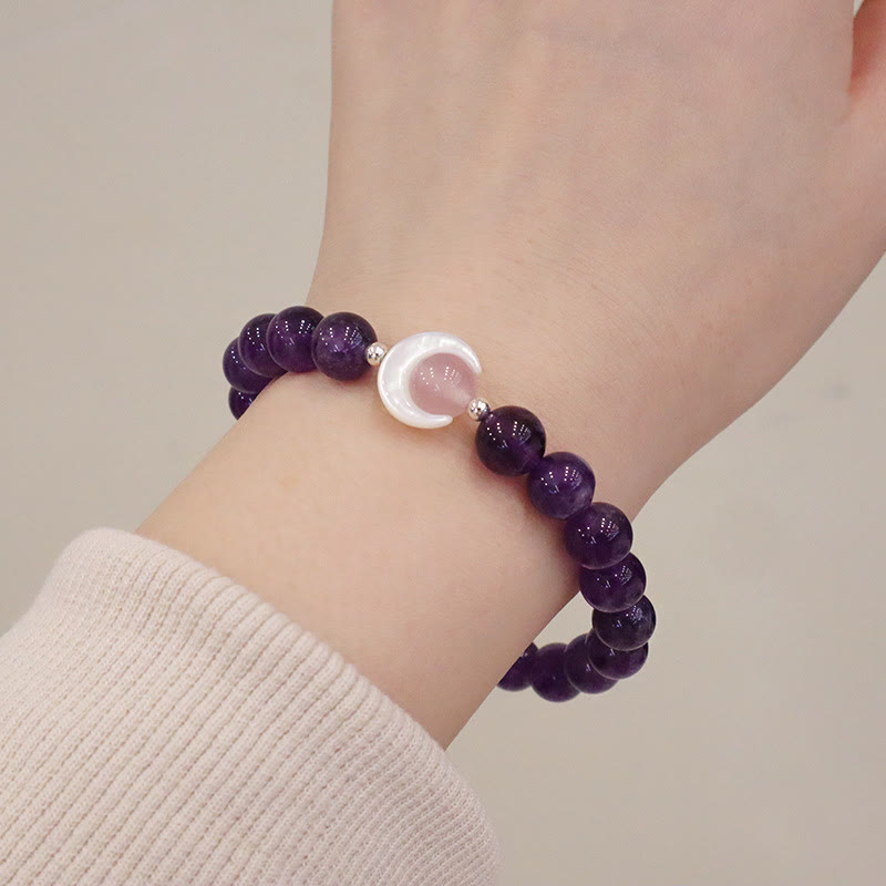 Pulsera de plata de ley 925 con amatista natural, aguamarina y cristal rosa, ojo de gato y luna creciente curativa. 