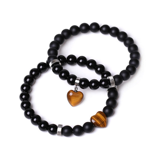 Pulsera de pareja con piedras de Buda, 2 unidades, cristal de ónix negro, protección del corazón y el amor