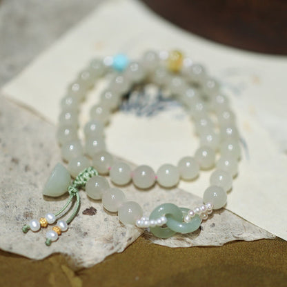 Pulsera de doble vuelta con piedras de Buda, jade hetiano, doble hebilla de paz y suerte de loto en plata de ley 925