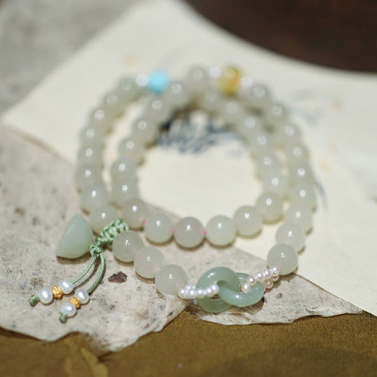 Pulsera de doble vuelta con piedras de Buda, jade hetiano, doble hebilla de paz y suerte de loto en plata de ley 925