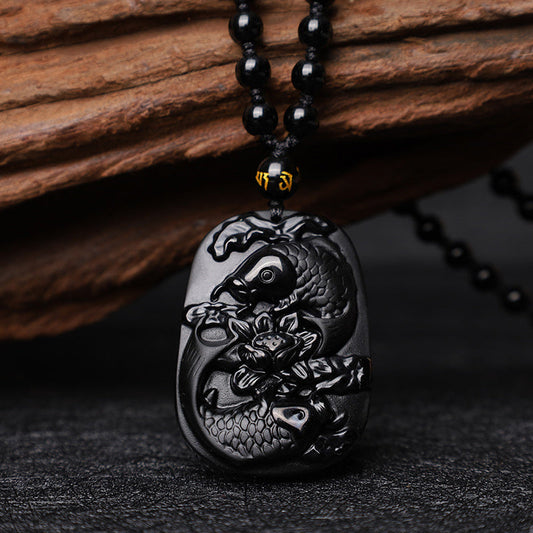 Collar con colgante de cuentas de loto y obsidiana negra natural con piedras de Buda y pez koi 