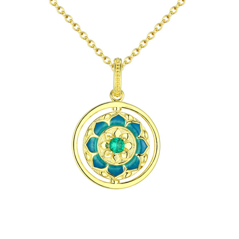 Collar con colgante giratorio de plata de ley 925 con diseño de flor de loto y circonitas florales y piedras de Buda