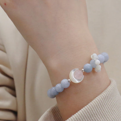 Pulsera de plata de ley 925 con amatista natural, aguamarina y cristal rosa, ojo de gato y luna creciente curativa. 