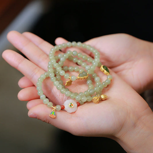 Pulsera de la suerte con piedras de Buda, plata de ley 925 bañada en oro, cuentas de jade hetiano natural, calabaza, loto, bambú y carácter Fu. 