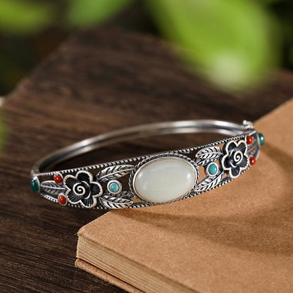 Pulsera de la suerte con piedras de Buda, jade cian, jade blanco, flor y hoja