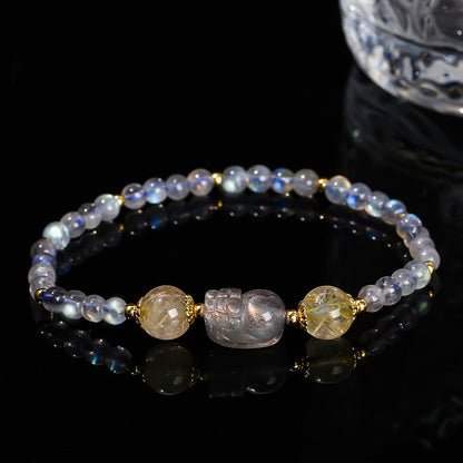 Pulsera curativa PiXiu de piedras de Buda, piedra lunar, cuarzo fresa y turmalina 