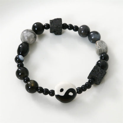 Pulsera de protección de la fortuna Yin Yang con cuentas de jaspe Picasso de ónix negro y piedras de Buda