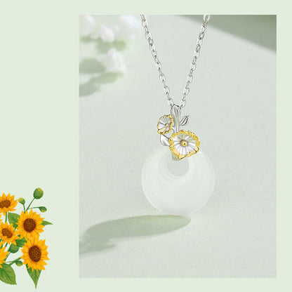 Collar con colgante de flor de armonía de doce meses de calcedonia redonda de plata de ley 925 con piedras de Buda 
