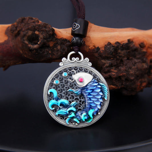 Collar con colgante de pez koi de la suerte, prosperidad y éxito en plata de ley 999 con piedras de Buda 