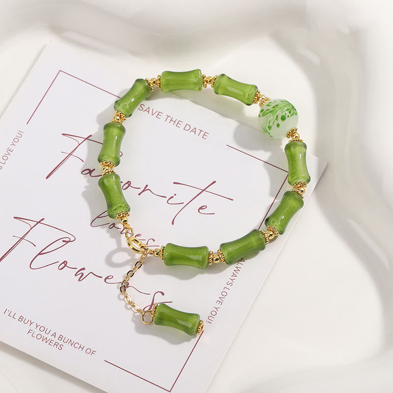 Pulsera de cadena de riqueza con ágata musgosa y cristal de Liuli con diseño de bambú verde y piedras de Buda