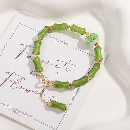 Pulsera de cadena de riqueza con ágata musgosa y cristal de Liuli con diseño de bambú verde y piedras de Buda
