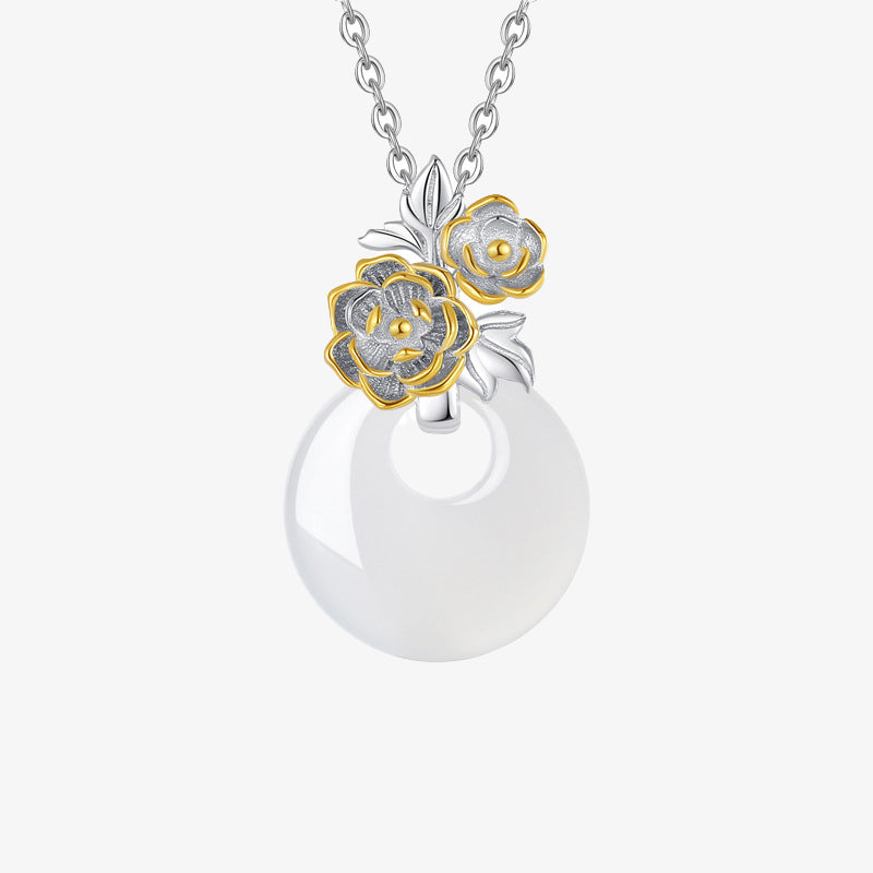 Collar con colgante de flor de armonía de doce meses de calcedonia redonda de plata de ley 925 con piedras de Buda 