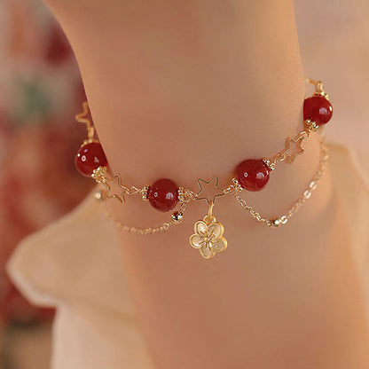 Buddha Stones 14k Gold Plated Red Agate Star Flower Charm Calm Bracelet