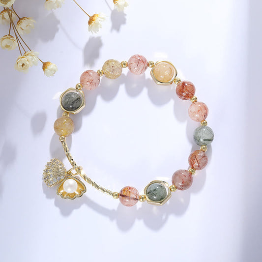Pulsera de cuentas de protección de concha de cuarzo rutilado natural y colorido de Buddha Stones