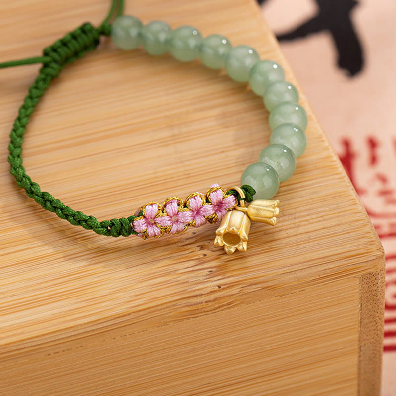 Buddha Stones Handgemachtes Jade-Perlen-Maiglöckchen-Charme-Glücks-Geflochtenes Armband