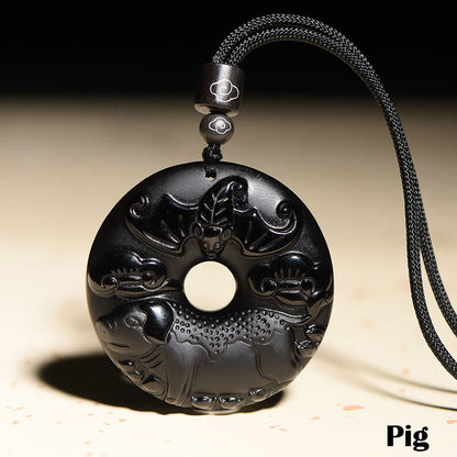 Collar con colgante de obsidiana negra natural con piedras de Buda y hebilla de fuerza del zodiaco chino