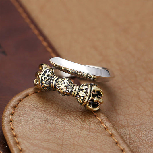 Anillo ajustable de cobre con diseño grabado de Dorje Vajra tibetano con piedras de Buda y riqueza.