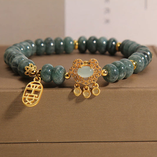 Pulsera de jade natural con piedras de Buda y candado chino, con amuleto de paz y abundancia.
