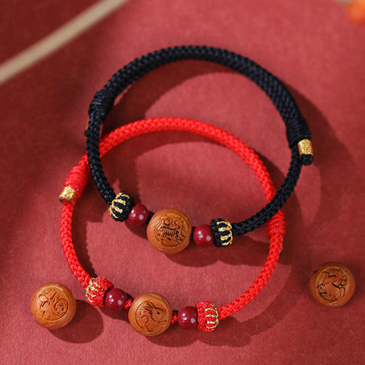 Pulsera de riqueza de cinabrio tallada con caracteres Fu del zodíaco chino de madera de melocotón natural y piedras de Buda 