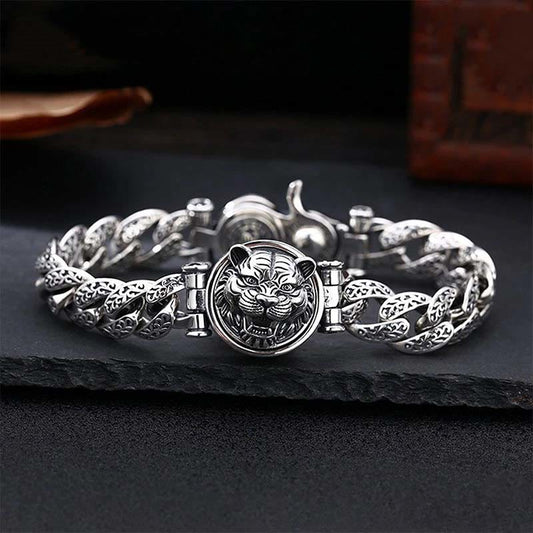 Pulsera de energía de la suerte con diseño floral grabado de la dinastía Tang con piedras de Buda y tigre