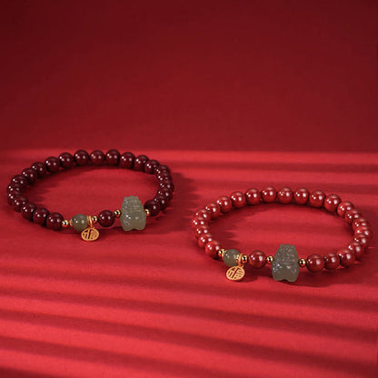 Buddha Stones 925 Sterling Silver Year of the Dragon Natural Cinnabar Hetian Jade Dragon Fu Character Ruyi As One Wishes Charm Blessing Bracelet