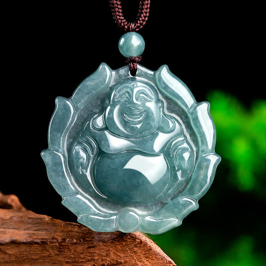 Collar con colgante de la suerte con diseño de Buda sonriente de jade natural y piedras de Buda