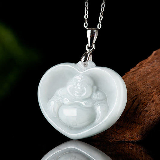 Buddha Stones Halskette mit Anhänger, lachender Buddha, weißer Jade, Glückssegen, 925er Sterlingsilber