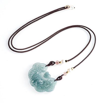 Collar con colgante de flor de peonía de jade natural y piedras de Buda con candado de buenos deseos y prosperidad