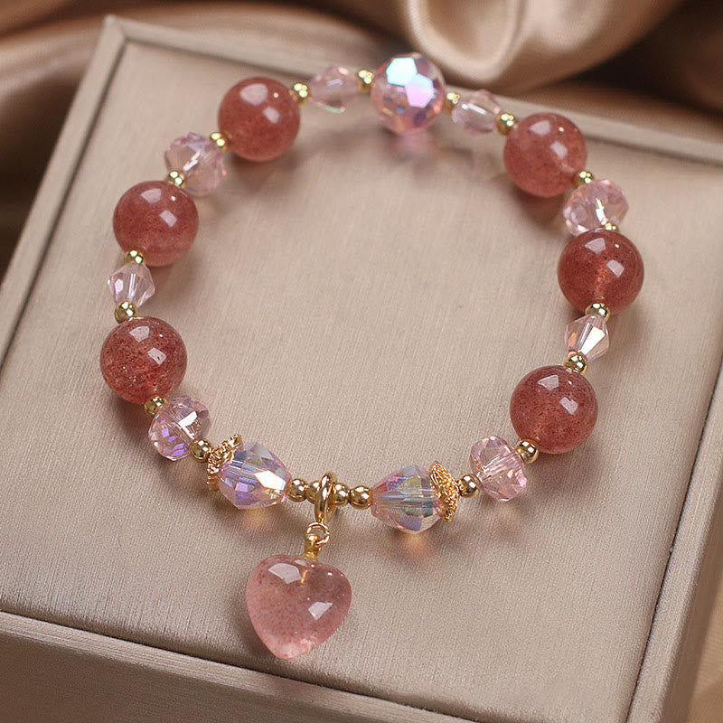 Pulsera de cristal de cuarzo fresa natural con piedras de Buda, con amor, corazón y sanación positiva 
