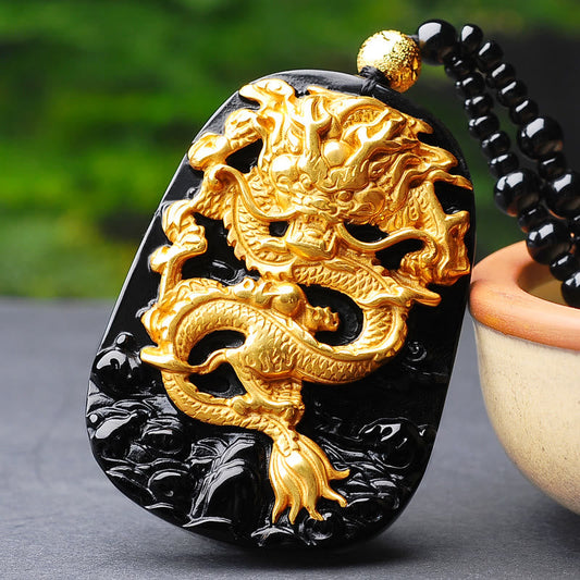 Collar con colgante de obsidiana de dragón bañado en oro de 18 quilates con piedras de Buda 