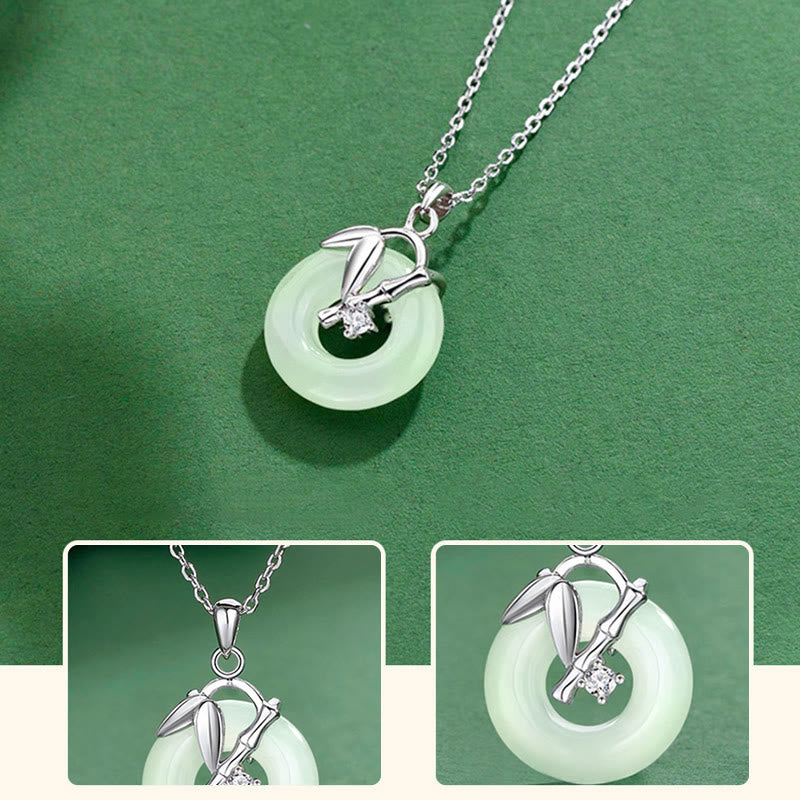 Collar con colgante de prosperidad y hebilla de paz con hojas de bambú y jade hetiano de plata de ley 925 con piedras de Buda 