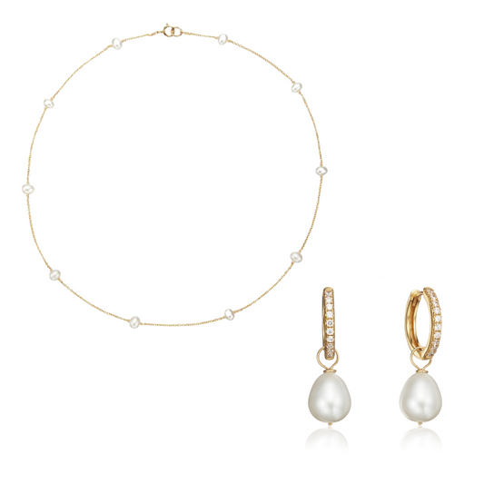 Geschenkset mit großen Perlencreolen im Golddiamanten-Stil und zehn Perlen-Halsbändern