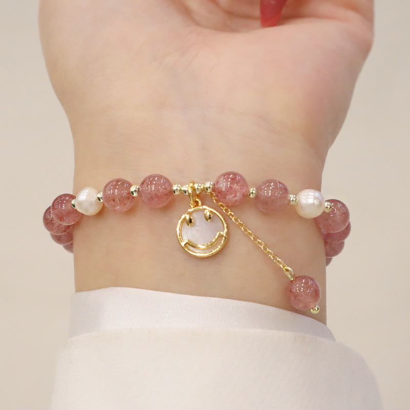 Buddha Stones Erdbeerquarz Perle Elch Smiley Gesicht Fischschwanz Fu Charakter Charm Heilung Armband 