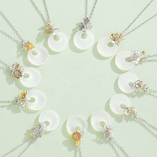 Collar con colgante de flor de armonía de doce meses de calcedonia redonda de plata de ley 925 con piedras de Buda 