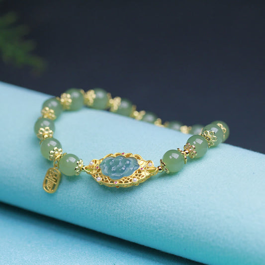 Pulsera de la suerte con loto de jade hetiano y plata de ley 925 bañada en oro de 14 quilates