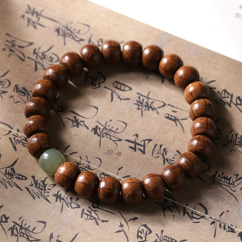 Pulsera de cuentas de bambú y jade hetian de madera de Abelia Biflora natural con piedras de Buda que alejan los malos espíritus 