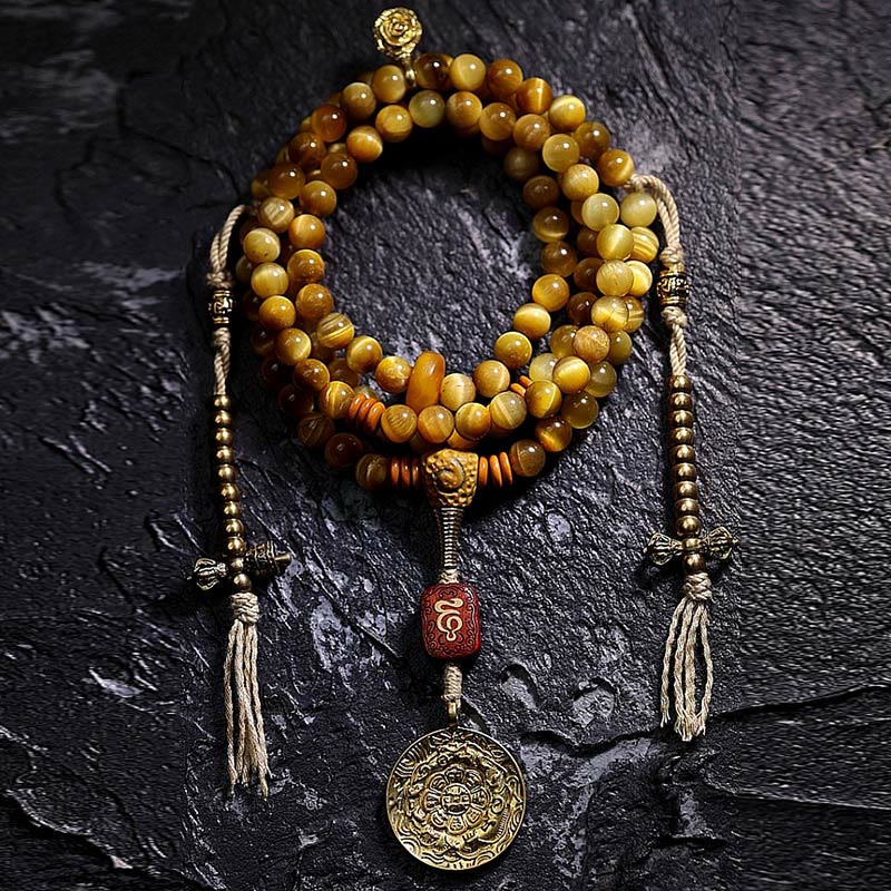 Pulsera con borlas protectoras Dorje de cobre y ojo de tigre natural con 108 cuentas de mala de Buda 