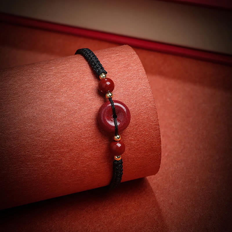 Buddha Stones Natürliches Zinnober-Armband mit Friedensschnalle und Segensschnur 