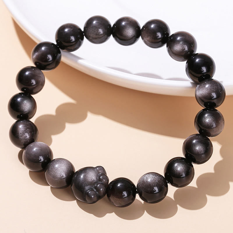 Pulsera de riqueza con garra de gato y obsidiana con brillo dorado natural y obsidiana con brillo plateado. 
