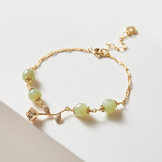 Pulsera de cadena de la suerte con piedras de Buda, jade hetiano chapado en oro de 14 quilates y flor de rosa dorada 