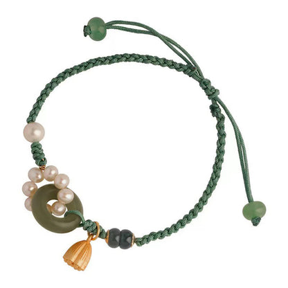 Buddha Stones Natürliche Hetian Jade Peace Buckle Pearl Luck Handgefertigtes geflochtenes Armband