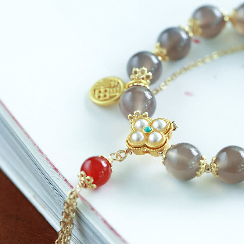 Pulsera de equilibrio con borlas de perla y ágata gris natural de Buda